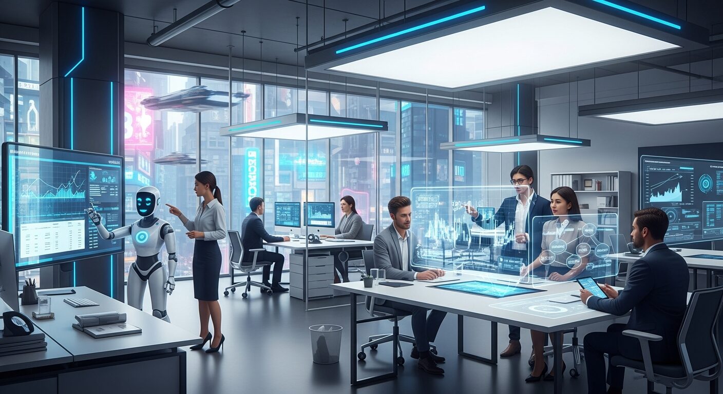 Futuro da contabilidade representado por escritório high-tech com automação avançada e profissionais focados em estratégia