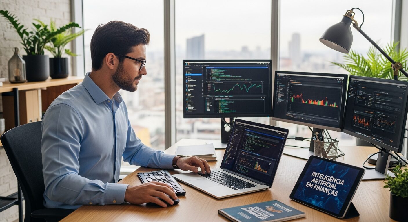 Contador aprendendo novas tecnologias em ambiente moderno, representando crescimento profissional e adaptação