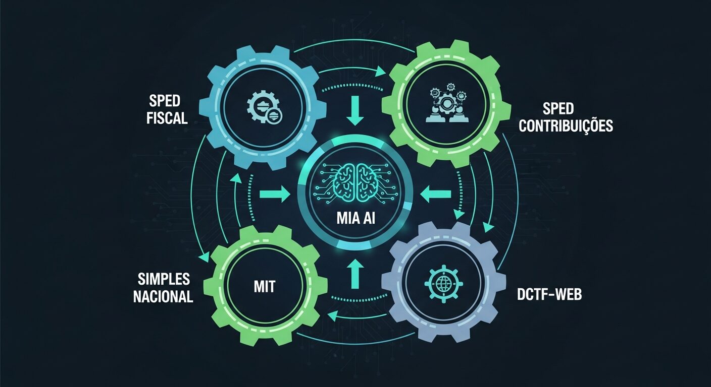 Infográfico mostrando os cinco processos críticos conectados em uma engrenagem digital, com a MIA no centro coordenando todas as operações