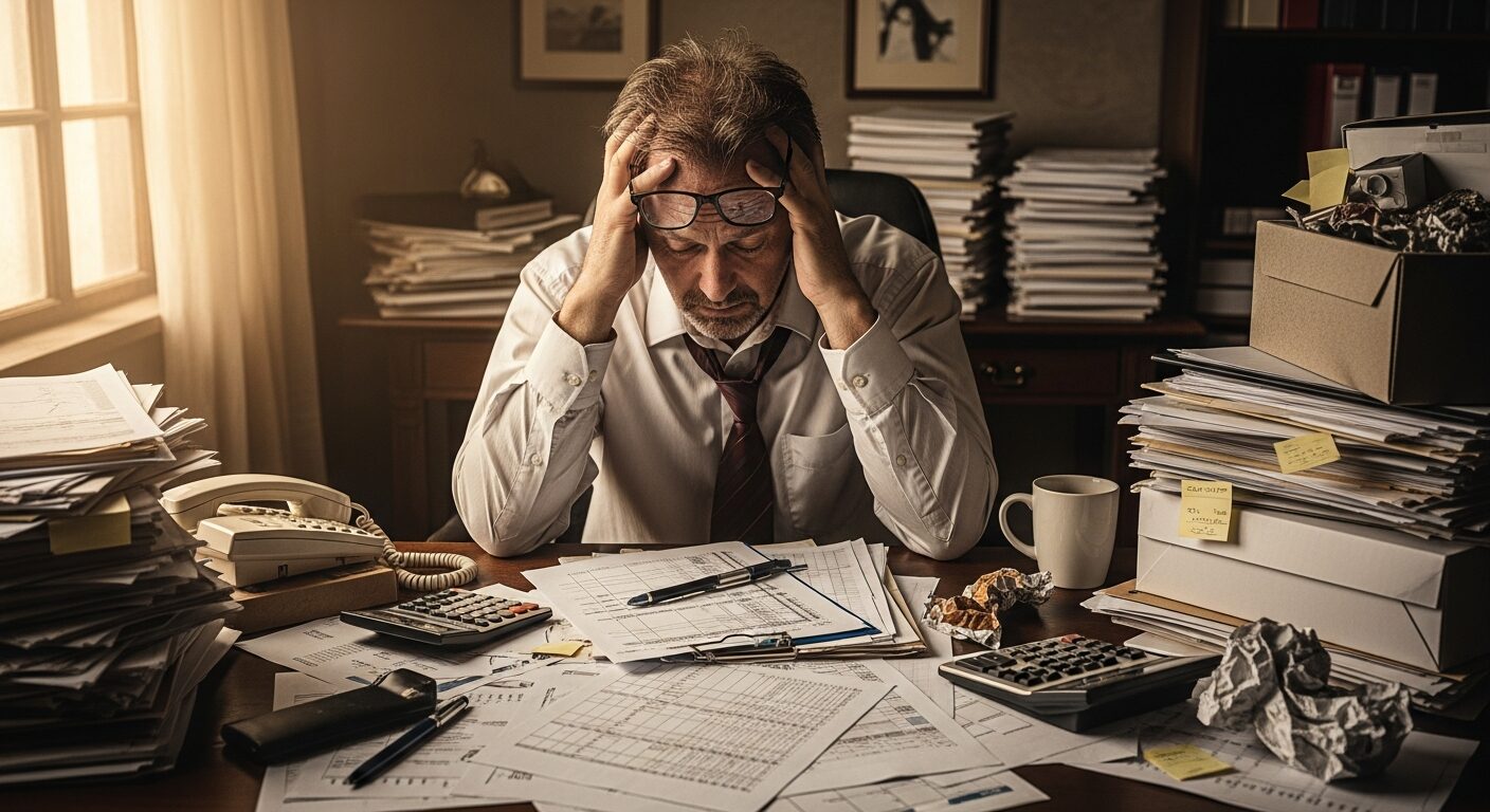 Contador sobrecarregado em mesa cheia de papéis e planilhas, representando o modelo tradicional de trabalho manual intensivo