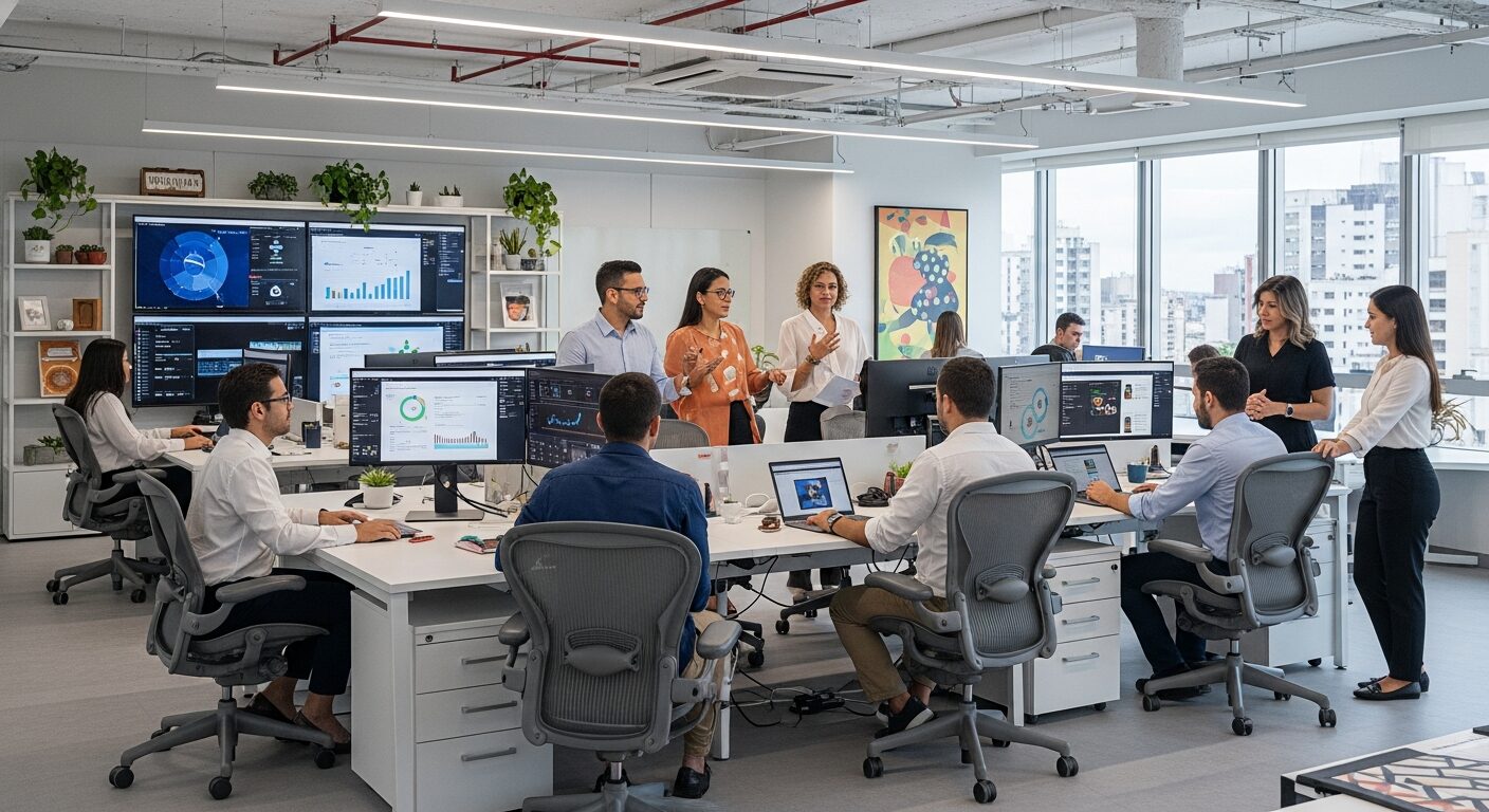 Escritório contábil moderno com profissionais trabalhando com tecnologia automatizada, ambiente organizado e tranquilo