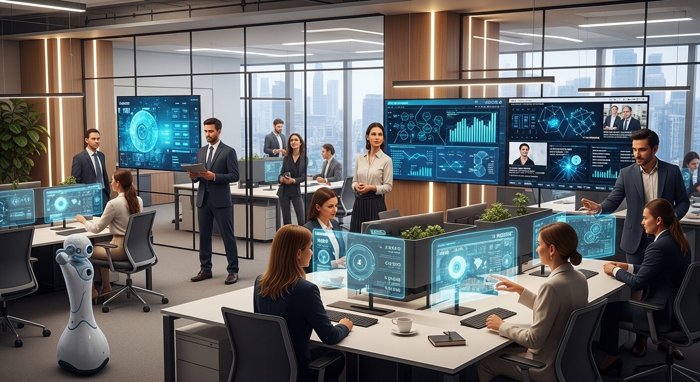 Escritório contábil do futuro com profissionais focados em estratégia e automação inteligente processando rotinas fiscais