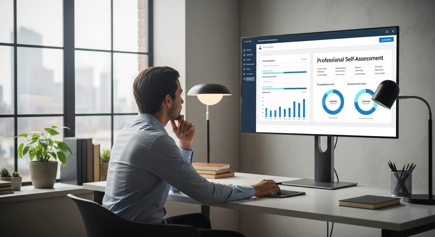Pessoa fazendo auto-avaliação com formulário digital, gráficos de competências e níveis de desenvolvimento visíveis na tela