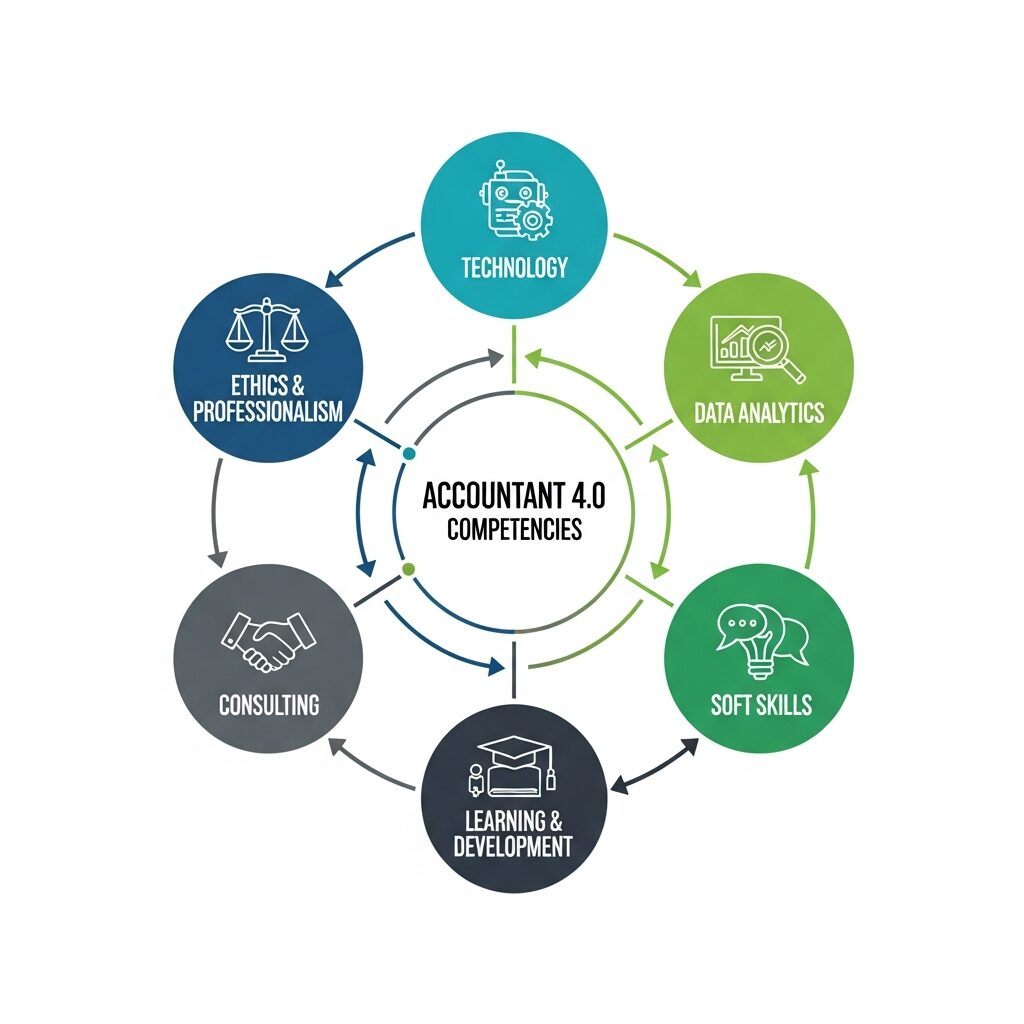 Infográfico circular mostrando as 6 dimensões de competência interconectadas, com ícones representativos para cada área