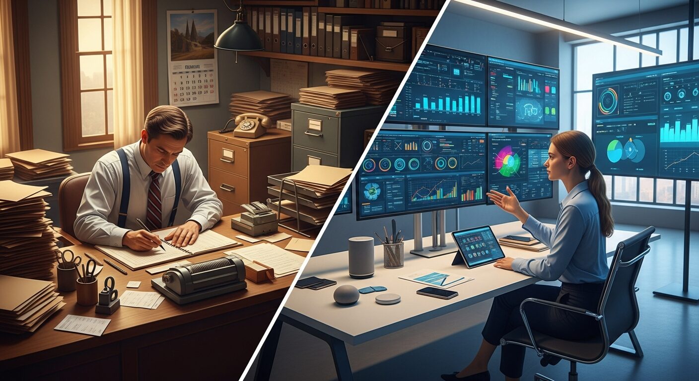 Comparação visual entre contador tradicional e Contador 4.0, mostrando evolução de tarefas manuais para análise estratégica