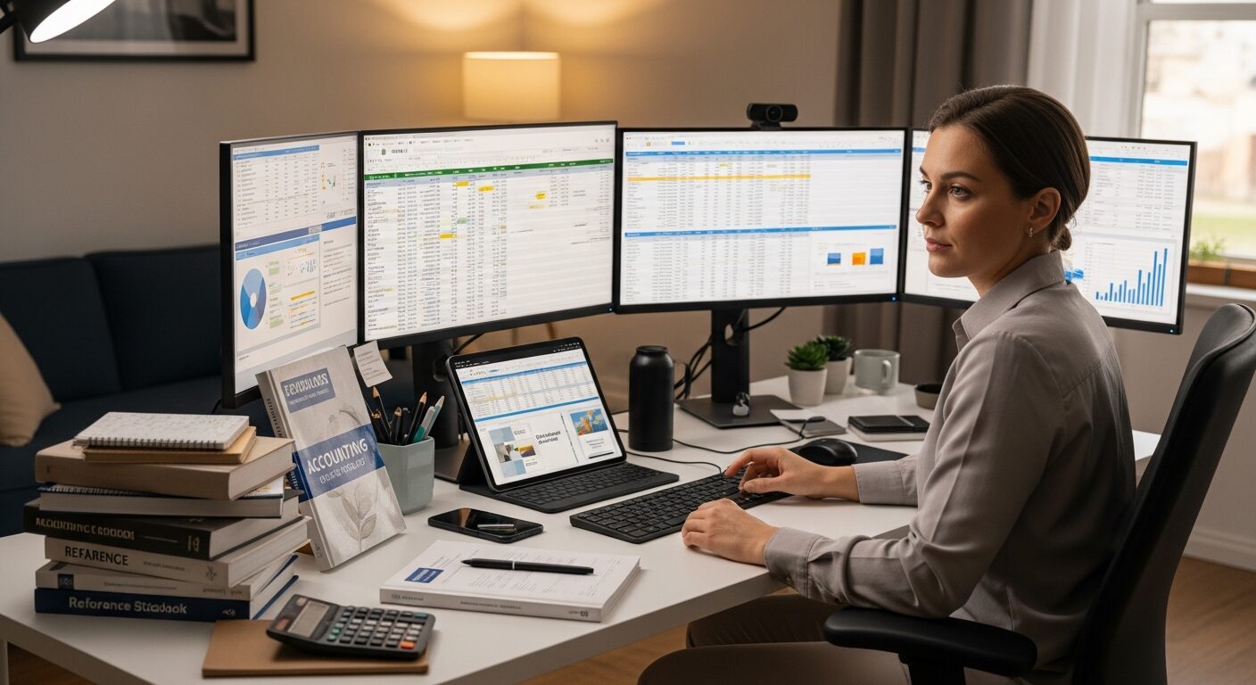 Profissional contábil estudando em ambiente organizado com multiple screens, livros e ferramentas digitais, demonstrando aprendizado ativo