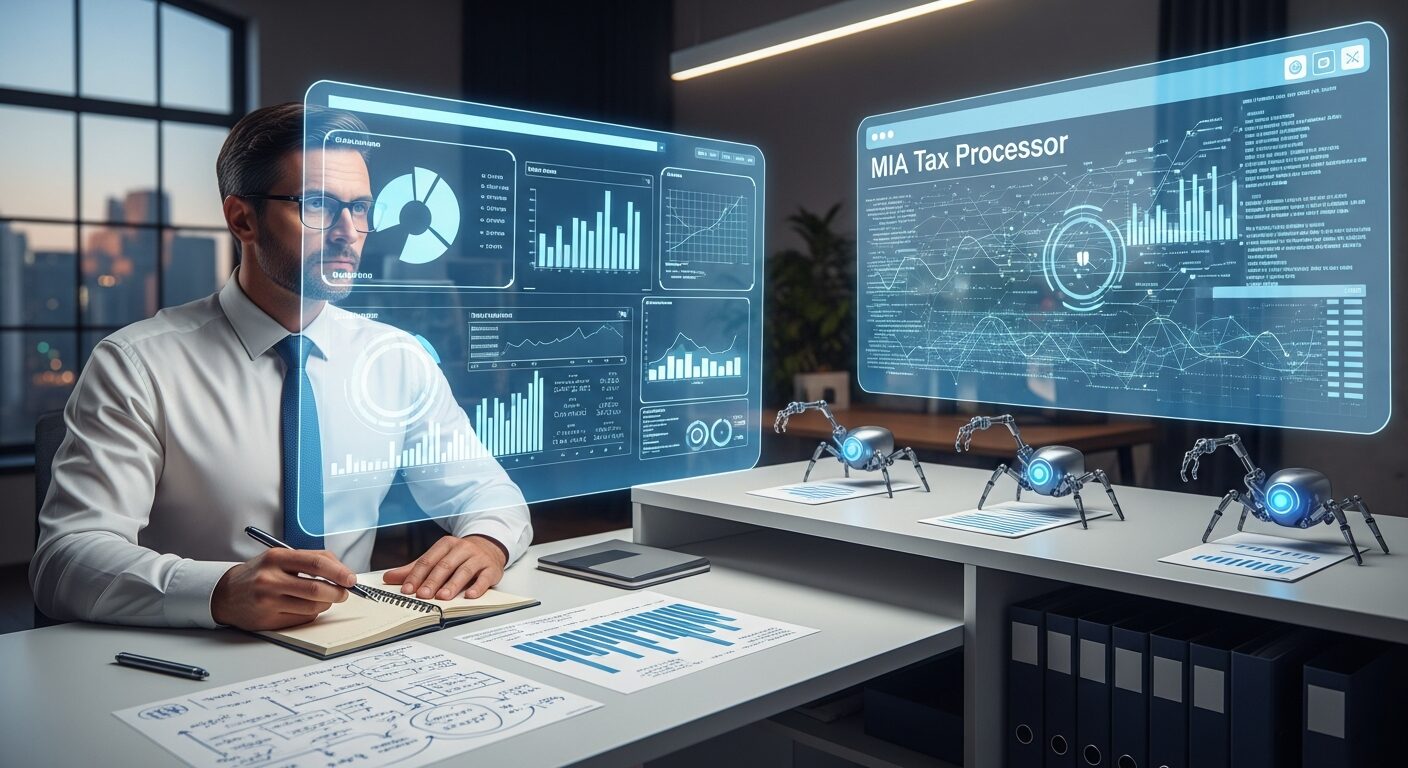 Contador trabalhando estrategicamente enquanto a MIA processa automaticamente tarefas fiscais em background, representando a parceria humano-IA