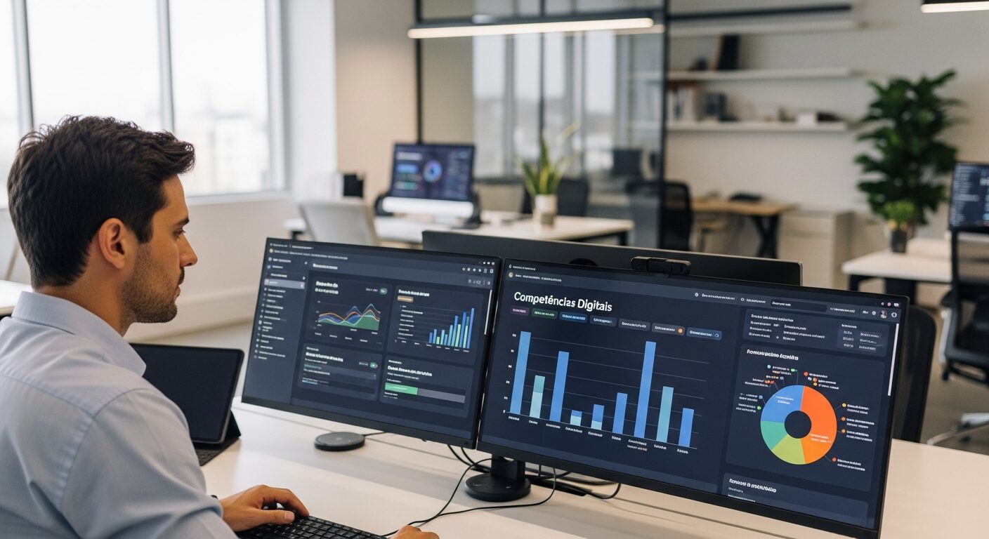 Contador analisando competências digitais em ambiente moderno com dashboards e tecnologia integrada