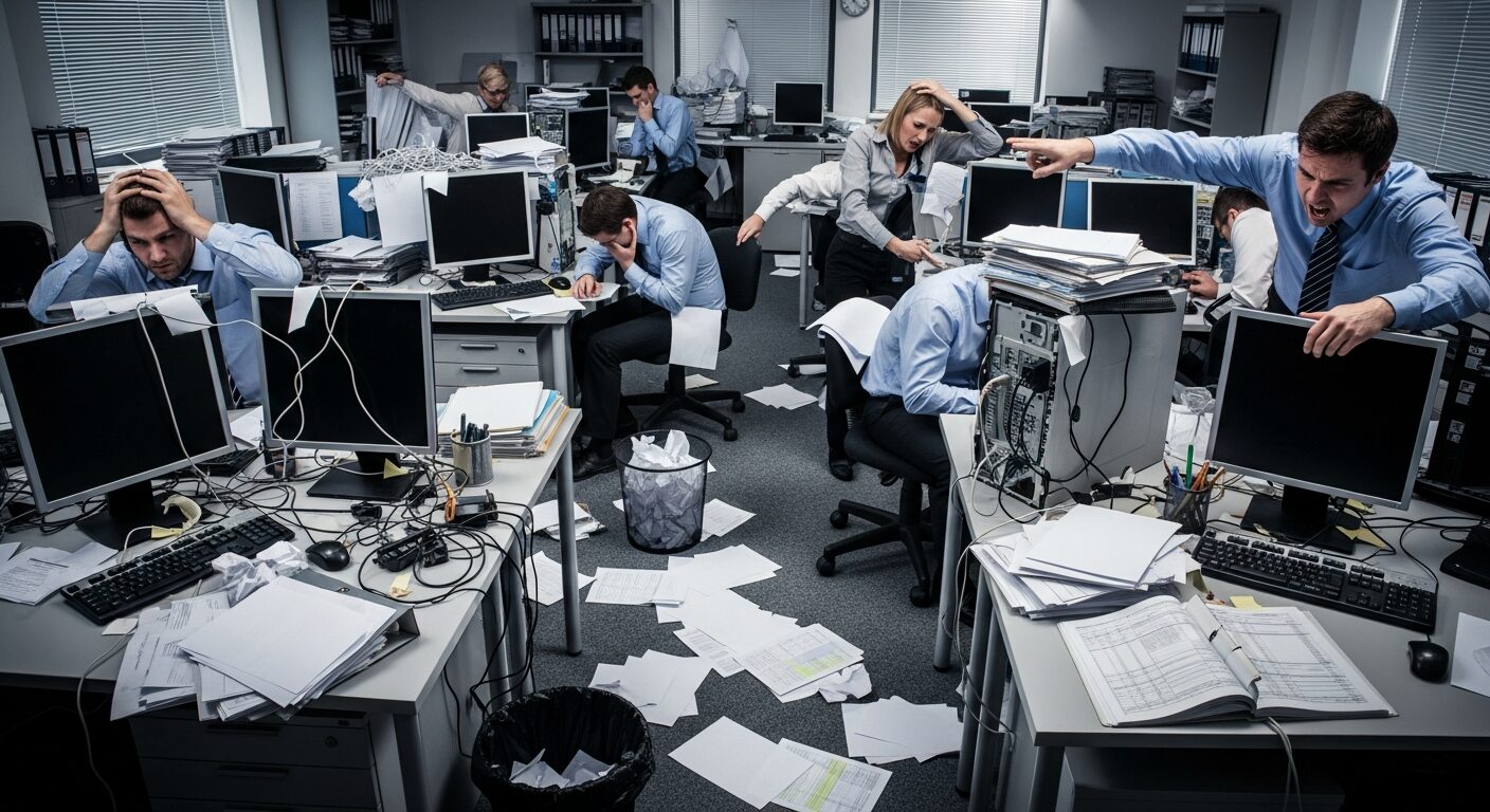 Escritório contábil em caos com computadores desligados, papéis espalhados e profissionais frustrados, representando um projeto de automação fracassado