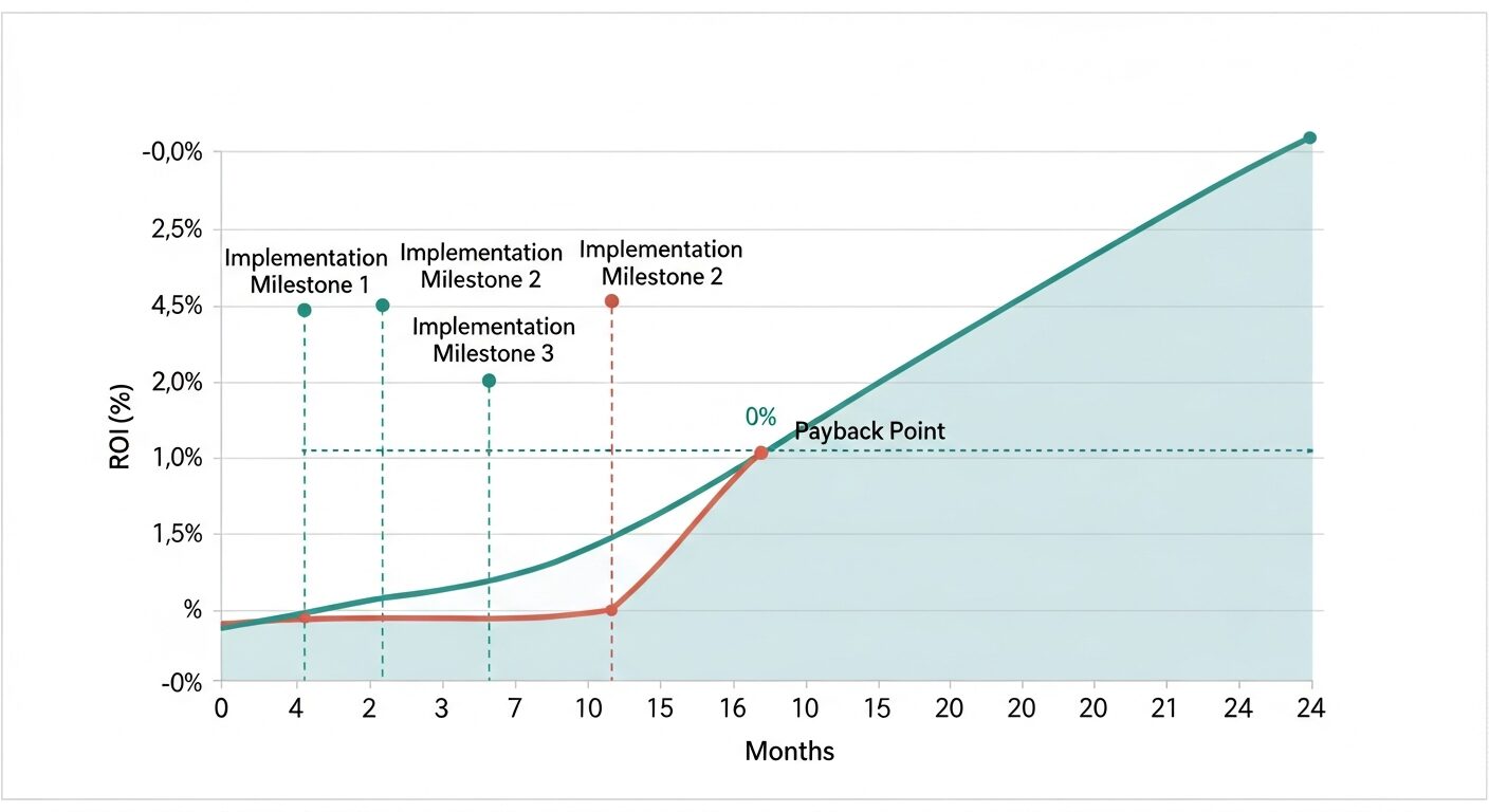 Gráfico de linha mostrando projeção de ROI ao longo de 24 meses, com marcos de implementação e payback claramente marcados