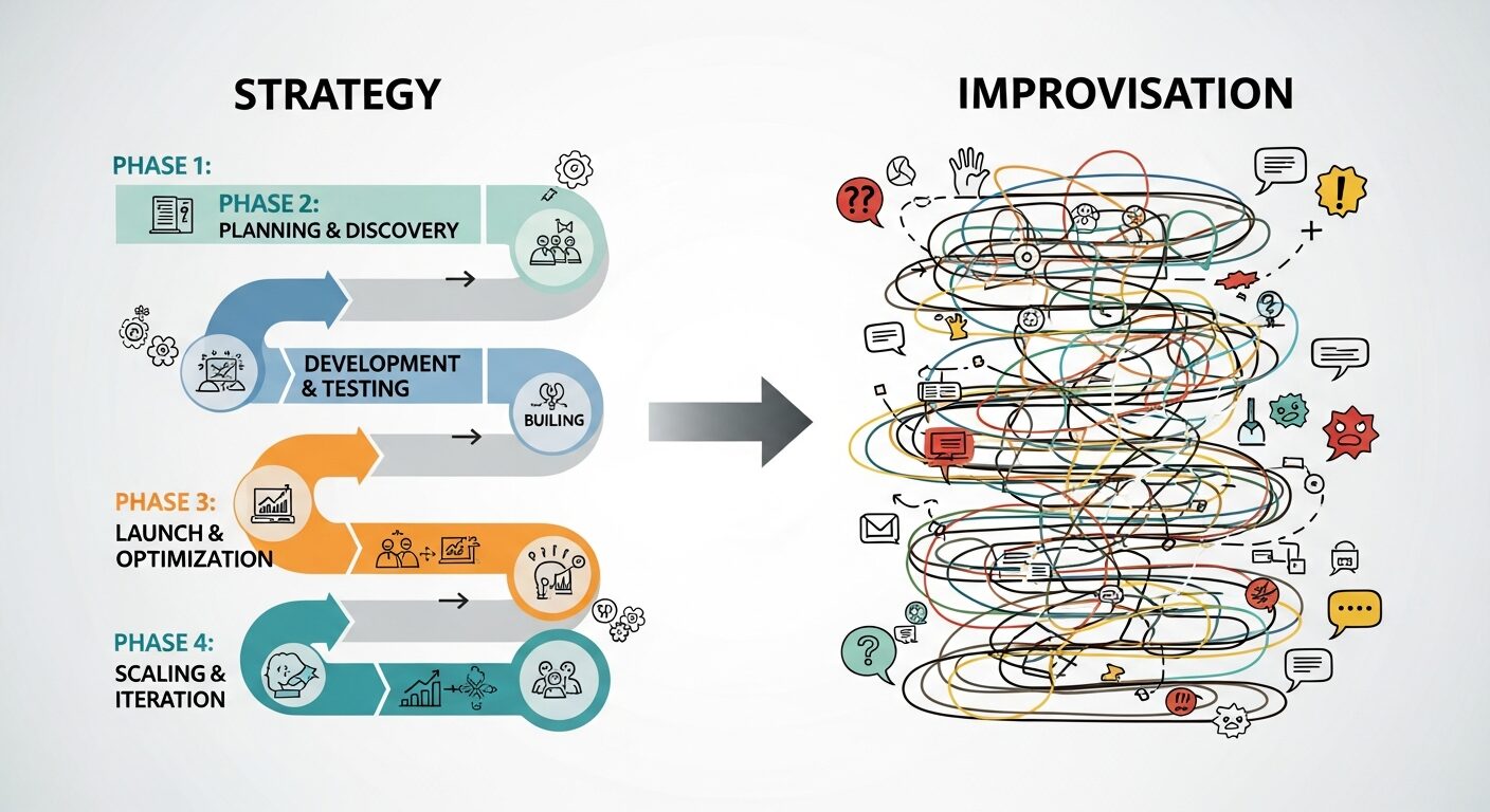 Roadmap visual mostrando implementação em fases vs. abordagem caótica, ilustrando a diferença entre estratégia e improviso