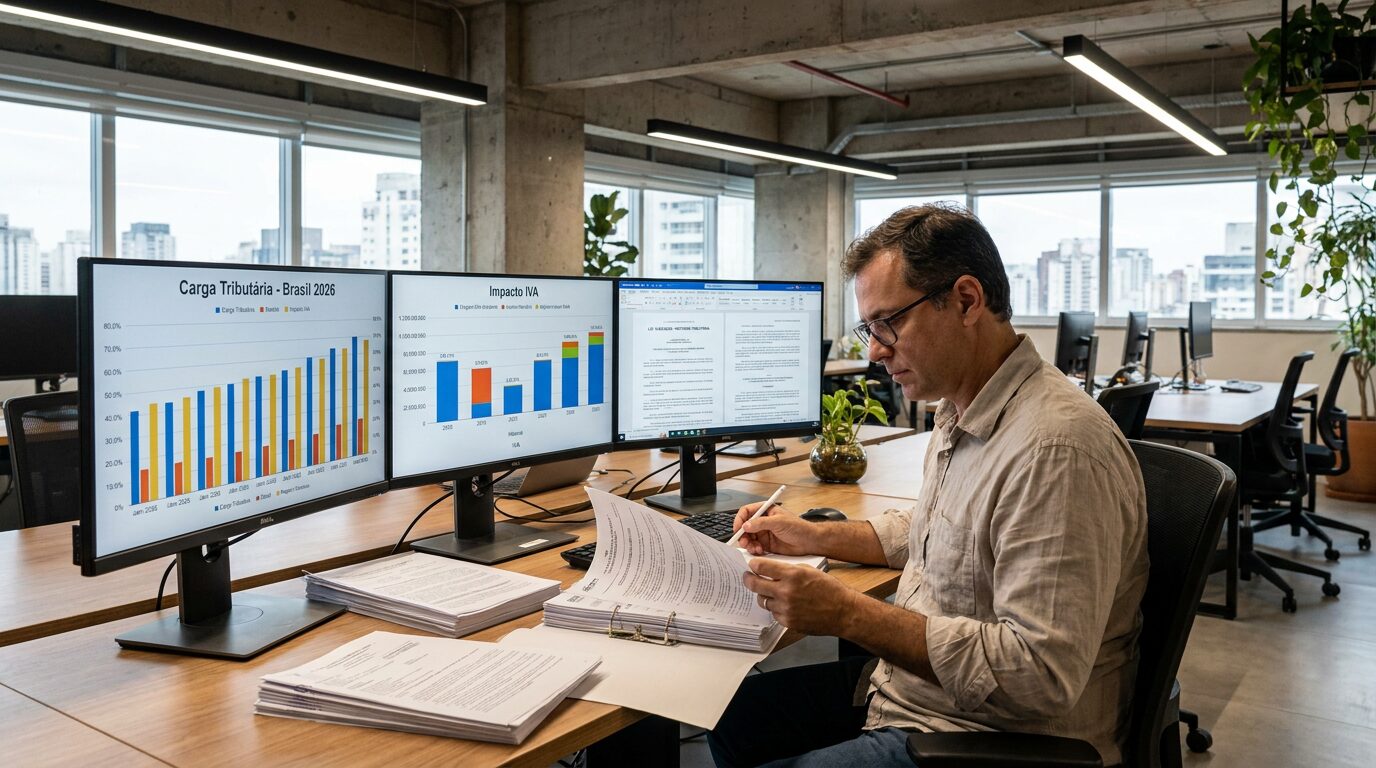 Contador brasileiro analisando documentos fiscais em escritório moderno, com telas exibindo gráficos tributários e legislação da Reforma Tributária 2026.