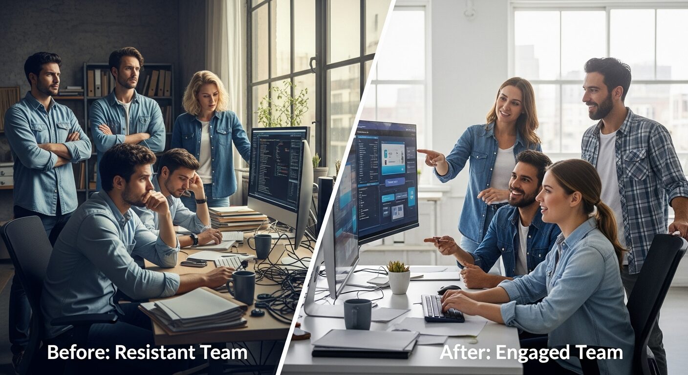 Antes e depois: equipe resistente vs. equipe engajada trabalhando com automação, mostrando a transformação cultural