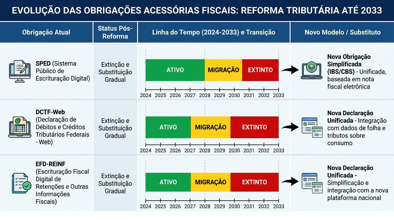 Tabela visual comparando as obrigações acessórias fiscais atuais (SPED, DCTF-Web, EFD-REINF) com seu status pós-Reforma Tributária, mostrando extinções e substituições previstas até 2033.