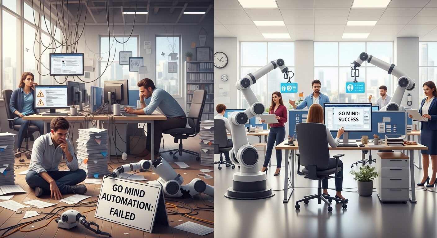 Comparação lado a lado: escritório lutando com automação fracassada vs. escritório prosperando com automação bem-sucedida da Go Mind