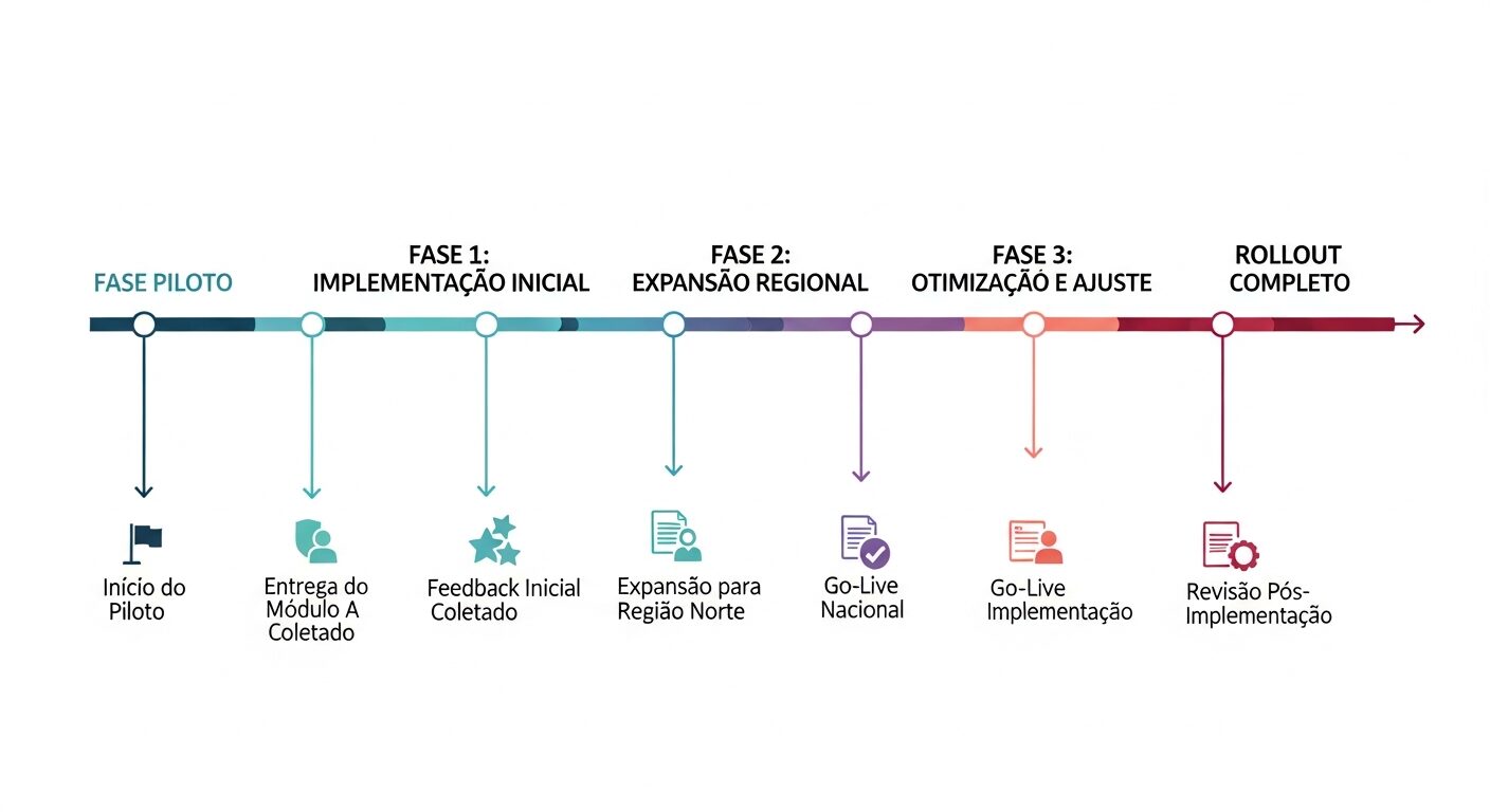 Timeline visual mostrando fases de implementação com marcos e entregas específicas, do piloto ao rollout completo