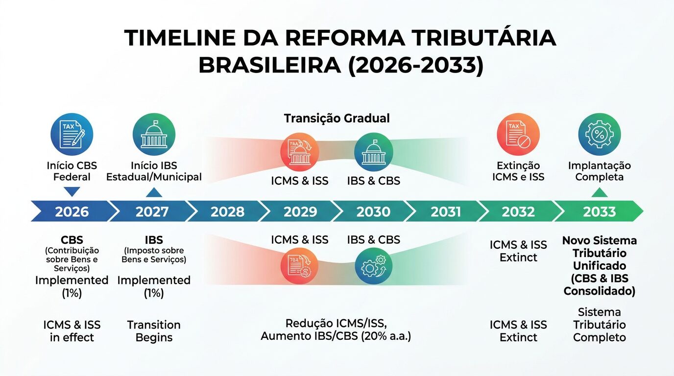 Timeline da Reforma Tributária brasileira 2026 a 2033, mostrando os marcos de implementação da CBS, IBS, extinção do ICMS e ISS e implantação completa do novo sistema tributário.
