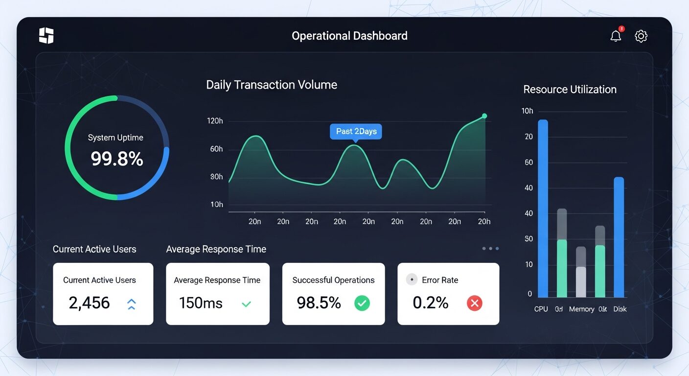 Screenshot simulado de dashboard intuitivo mostrando métricas operacionais, com elementos de interface limpa e amigável