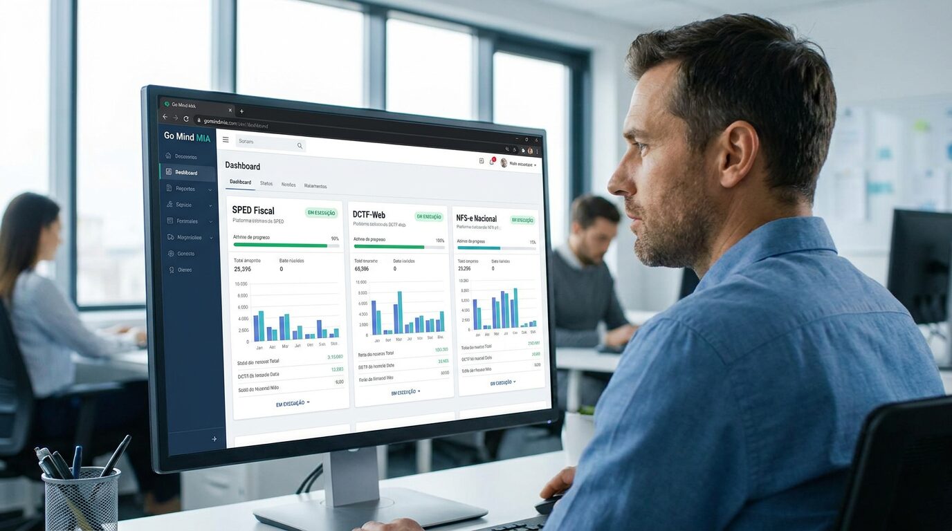 Profissional contábil usando plataforma MIA da Go Mind em monitor, com painel mostrando automações de SPED Fiscal, DCTF-Web e NFS-e Nacional em execução simultânea.