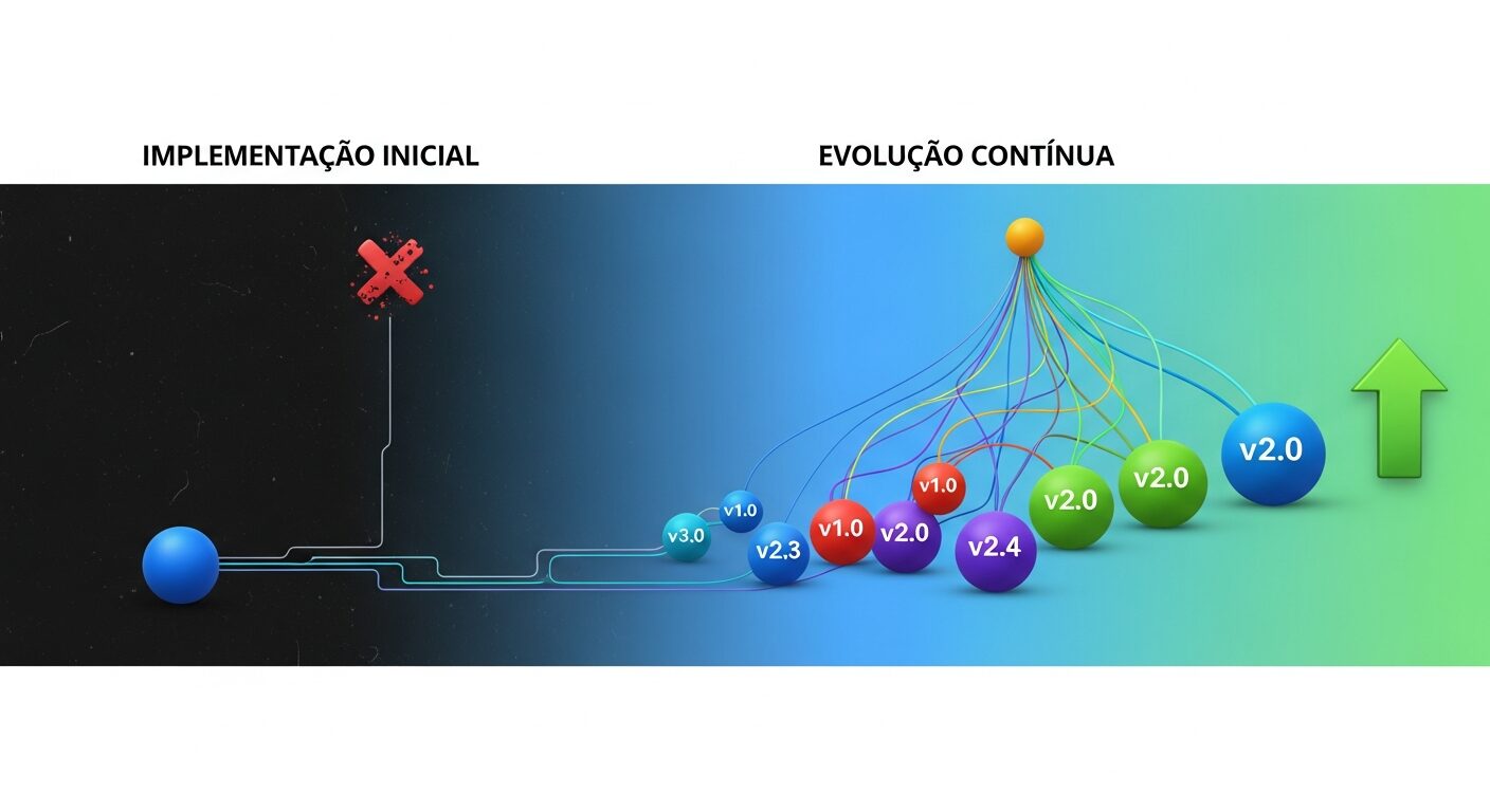 Linha do tempo mostrando projeto: implementação inicial vs. evolução contínua, destacando a diferença entre abandono e crescimento