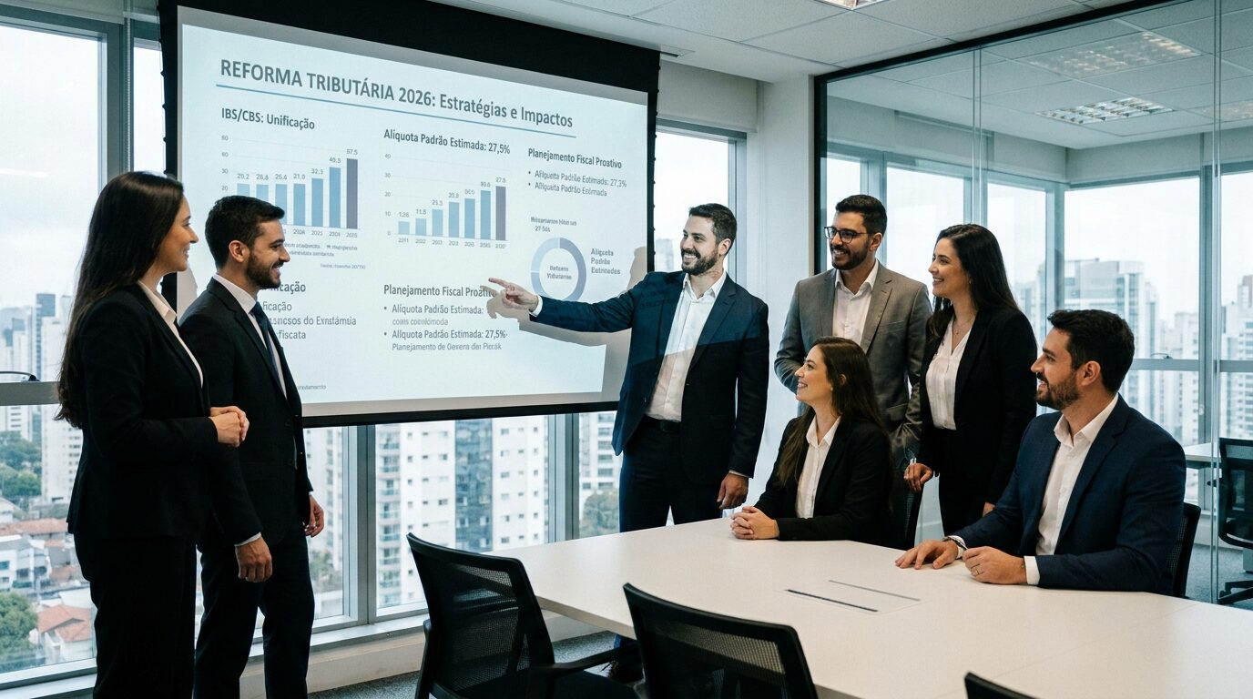 Equipe de contadores em reunião estratégica em escritório moderno, com projeção de dados fiscais da Reforma Tributária 2026, transmitindo preparo, confiança e liderança profissional.