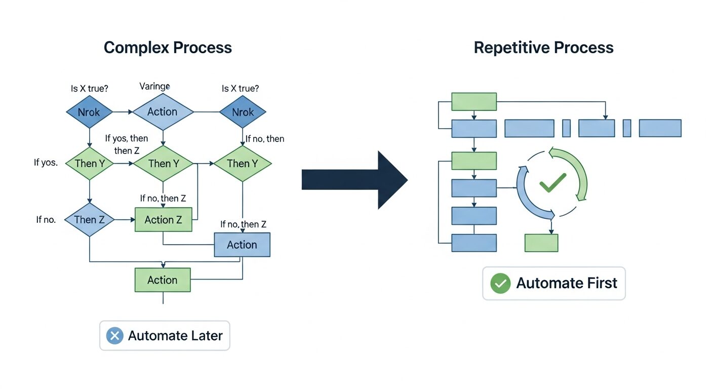Fluxograma visual mostrando processo complexo vs. processo repetitivo, destacando qual deve ser automatizado primeiro