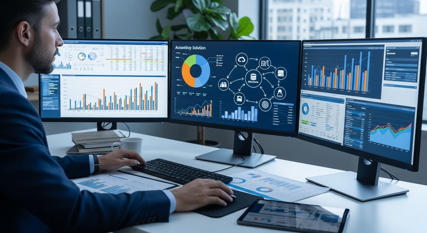 Profissional contábil analisando gráficos e relatórios em múltiplas telas, representando a avaliação de soluções tecnológicas